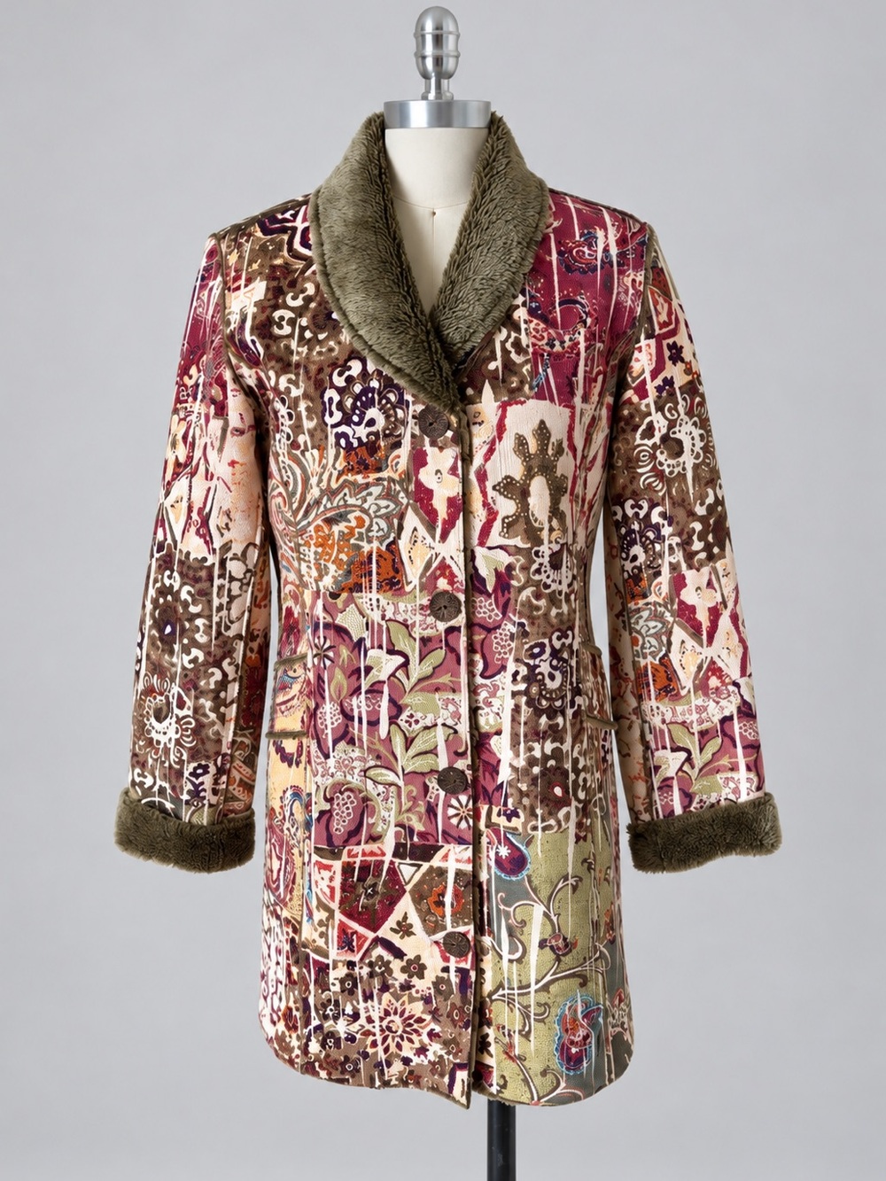 Chico’s Size 3 Faux Fur Lined Patchwork Tapestry Boho Penny Lane Coat XL Artsy